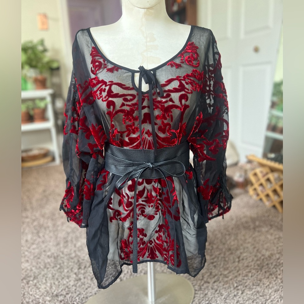 Black mesh and Red velvet Sheer Tunic 3/4 sleeve tie front boho top